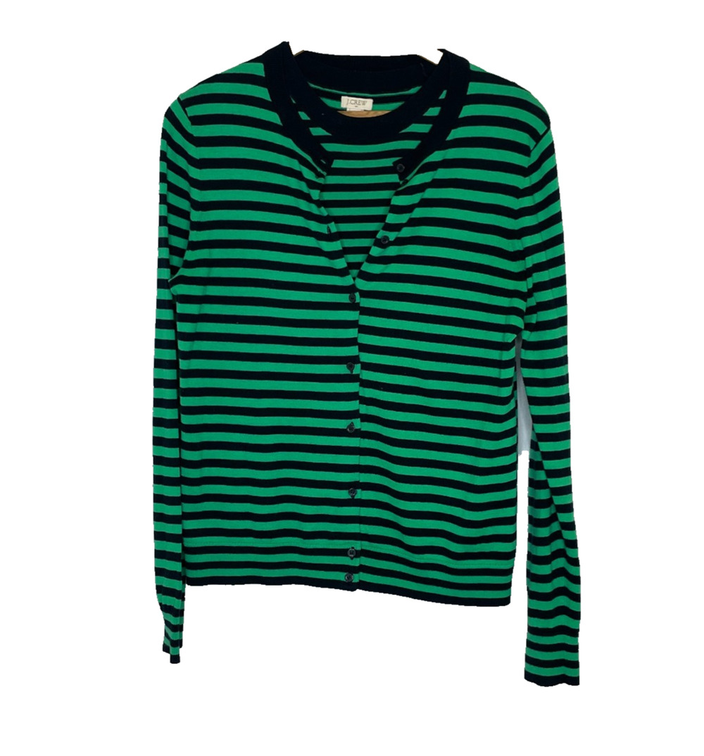 Women's Small J.Crew Green Stripe Cotton Blend Cardigan Sweater Set Preppy